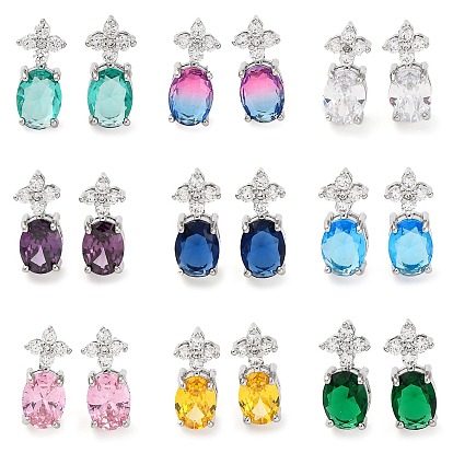 Латунные серьги-гвоздики с цветком и овалом из кубического циркония для женщин, платина