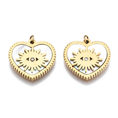 316 Surgical Stainless Steel Rhinestone Charms, with Shell and Jump Rings, Heart with Sun