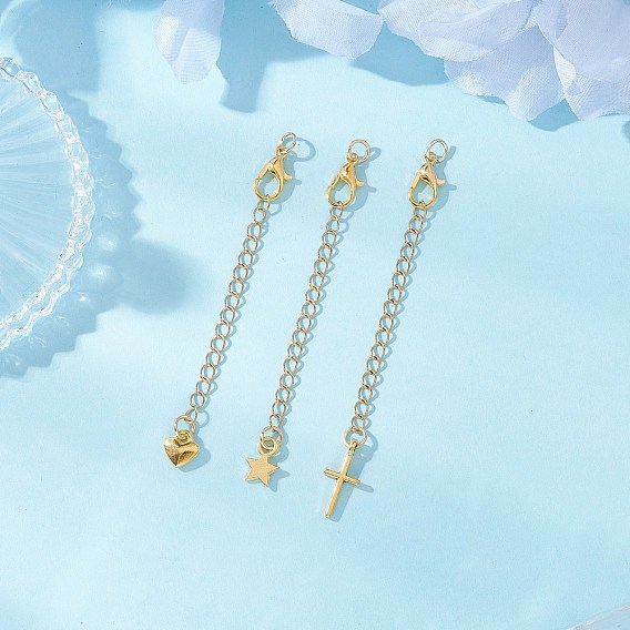 3 шт. 3 стили 304 набор цепей с концами из нержавеющей стали, звезда, сердце и крест, удлинитель витой цепи, с застежками-карабинами из цинкового сплава и подвесками из сплава для браслетов на щиколотку