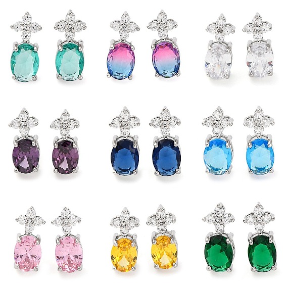 Латунные серьги-гвоздики с цветком и овалом из кубического циркония для женщин, платина