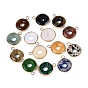 Natural & Synthetic Mixed Stone Pendants, Brass Donut Bezeled Charms, Mixed Dyed & Undyed, Golden