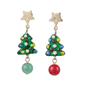 304 Stainless Steel with Glass Stud Dangle Earring, Christmas Tree, Golden