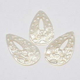 Natural Mother of Pearl Shell Pendants, Drop, 37x21x1.5mm, Hole: 1mm