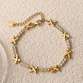 304 Браслеты-цепочки из нержавеющей стали и кубического циркония для женщин, X форму