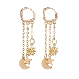 Sun & Moon & Star Stainless Steel Dangle Hoop Earrings, Long Tassel Brass Drop Earrings for Women