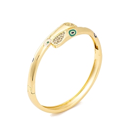Brass Micro Pave Clear Cubic Zirconia Evil Eye Hinged Bangles with Green Enamel for Women