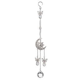 Moon Sun Alloy Pendant Decorations, Glass Round Tassel and Stainless Steel S-Hook Clasps Hanging Ornaments