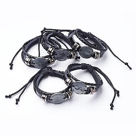 PU Leather Cord Multi-strand Bracelets, with Oval Alloy Findings, Twelve Constellation/Zodiac Sign