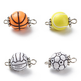 Acrylic Basketball Connector Charms, with Antique Silver Tone Space Beads, Round Ball