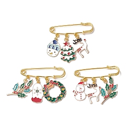 3Pcs 3 Style Christmas Tree & Snowman & Deer Alloy Enamel Charms Safety Pin Brooches, Golden Iron Lapel Pins for Sweater Shawl Clips Waist Pants Extender