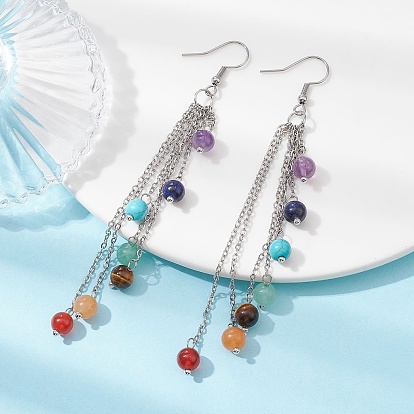 Chakra Natural & Synthetic Mixed Gemstomne Beaded Dangle Earrings, 316 Surgical Stainless Steel Chains Tassel Earrings