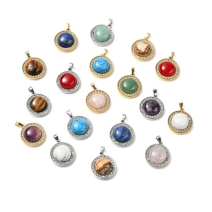 Mixed Gemstone Pendants, with Stainless Steel Color Tone 304 Stainless Steel and Crystal Rhinestone Findings, Half Round Charm, Mixed Dyed and Undyed