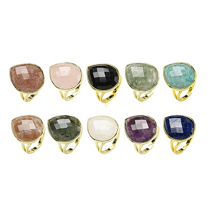 Teardrop Natural Gemstone Open Cuff Rings, Golden Plated Brass Ring for Unisex