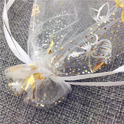 Gold Stamping Butterfly Organza Jewellery Storage Pouches, Wedding Favour Party Mesh Drawstring Gift Bags, Rectangle