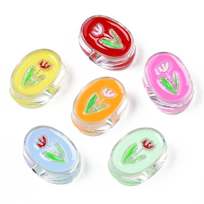 Transparent Acrylic Enamel Beads, Oval with Flower