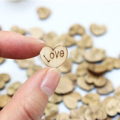 100Pcs Unfinished Wooden Heart Decoration Sheet, with Word Love, for Craft Home Wedding Party Decorations