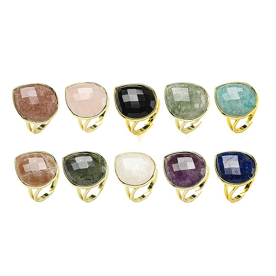 Teardrop Natural Gemstone Open Cuff Rings, Golden Plated Brass Ring for Unisex