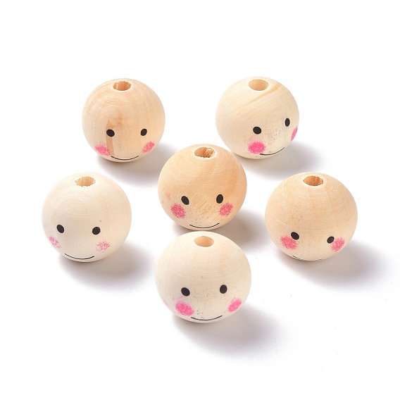 (Defective Closeout Sale: Imprinted), Natural Wood Beads, Large Hole Beads, Round with Smile Face