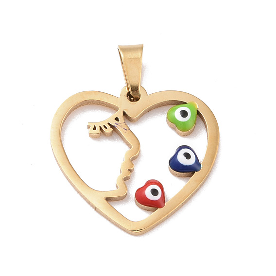 PVD Vacuum Plating 304 Stainless Steel Enamel Pendants, Golden, Hollow, Heart with Evil Eye