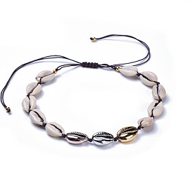 Adjustable Cowrie Shell Beads Necklaces, with Braided Nylon Thread and 304 Stainless Steel Beads