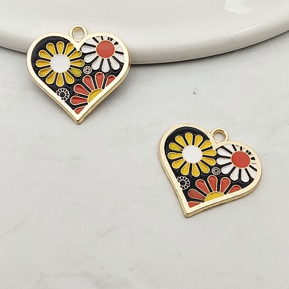 Colgantes de la aleación del esmalte, corazón con diseño de flores, dorado
