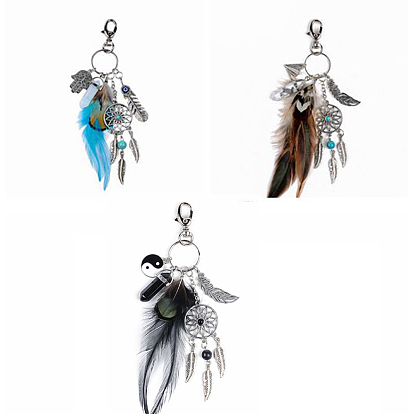 Bohemian Woven Net/Web with Feather Alloy Pendant Decorations with Opalite Bullet Charm and Hamsa Hand/Hand of Miriam Charms, for Keychain, Purse, Backpack Ornament