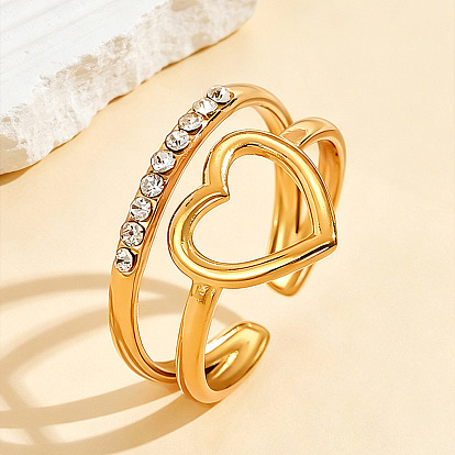 304 Stainless Steel Rhinestone Cuff Open Rings, Heart