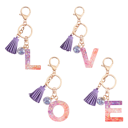 4Pcs 4 Styles Resin Keychains, with Iron Keychain Findings, Glass Ball Pendants(with Plastic inside) and Sponge Tassels, Letter Love, Light Gold
