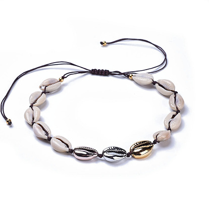 Adjustable Cowrie Shell Beads Necklaces, with Braided Nylon Thread and 304 Stainless Steel Beads