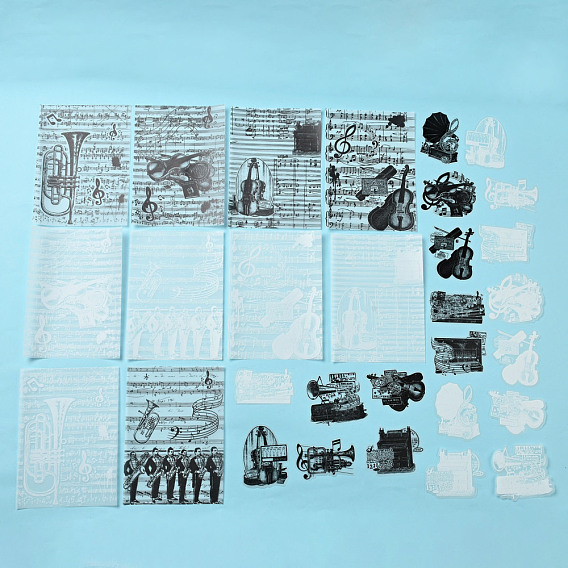 30 piezas 15 estilos kits de papel de álbum de recortes temáticos de instrumentos musicales, incluyendo papel para álbumes de recortes y pegatinas autoadhesivas, para álbum de recortes de bricolaje, tarjeta de felicitación