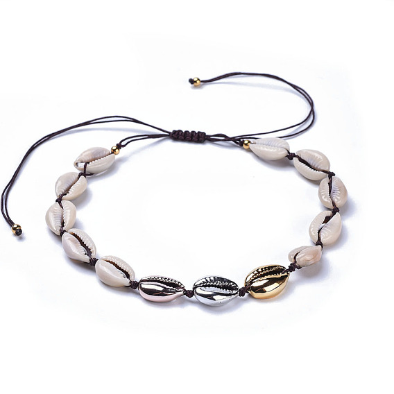 Adjustable Cowrie Shell Beads Necklaces, with Braided Nylon Thread and 304 Stainless Steel Beads