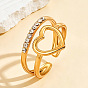 304 Stainless Steel Rhinestone Cuff Open Rings, Heart