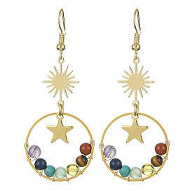 Natural & Synthetic Mixed Gemstone Beaded Dangle Earrings, Golden 304 Stainless Steel Star & Sun Long Drop Earrings