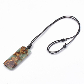 Colliers pendants en jasper bronzite et aqua terra assemblés, avec cordon en cuir, rectangle