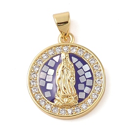 Brass & Clear Cubic Zirconia Pendants, Flat Round with Virgin Mary Pattern
