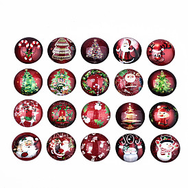 Glass Cabochons, Half Round with Christmas Themed Pattern