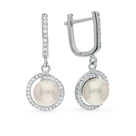 Rhodium Plated 925 Sterling Silver Hoop Earring for Women, with Pearl Dangle Charms