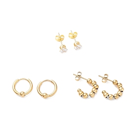 3 Pairs 3 Style Crystal Rhinestone Diamond Stud Earrings, Ion Plating(IP) 304 Stainless Steel Hoop Earrings for Women