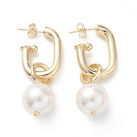 Brass Oval with ABS Pearl Dangle Stud Earrings for Women