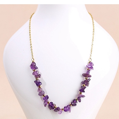 Natural Gemstone Chips Beaded Necklaces, Golden Tone Stainless Steel Cable Chain Necklace for Women