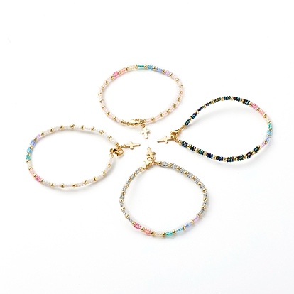 Glass Seed Beaded Bracelet for Women Girl, Bracelet with Tiny Cross Charm, Golden