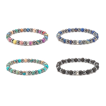 Natural Gemstone & Synthetic Hematite Round Beaded Stretch Bracelet for Women