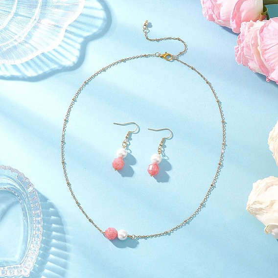 Комплект из ожерелья и серег с подвеской из натурального родохрозита и ракушечного жемчуга круглой формы, 304 нержавеющей стали ювелирных изделий