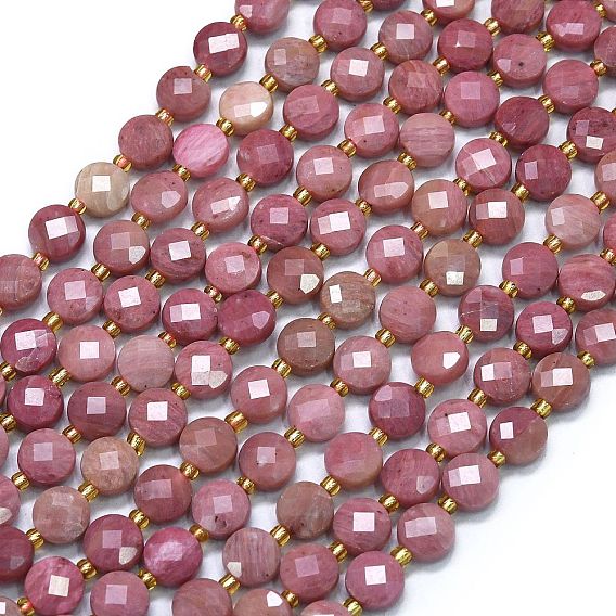 Природные родонит бисер нитей, с бисером, граненые, плоско-круглые