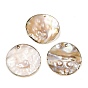 Shell Pearl Big Pendants, Flat Round Charm, with Golden Brass Edge