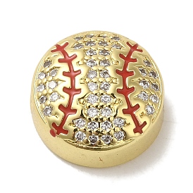 Rack Plating Brass Micro Pave Cubic Zirconia Beads, Enamel Style, Cadmium Free & Lead Free, Long-Lasting Plated, Flat Round with Baseball