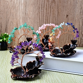 Natural Gemstone Chips Tree of Life Decorations, Burner Cone Stick Incense Holder with Copper Wire Feng Shui Energy Stone Gift for Women Men Meditation