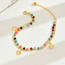 Golden Double Layer Brass Anklets, Flower Charms Anklet with Colorful Rice Beaded