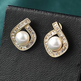 Серьги-гвоздики из латуни и стекла, с натуральной жемчужиной, ромб