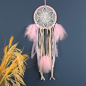 Flower Woven Web/Net with Feather Hanging Ornaments, with Iron Ring for Home Living Room Bedroom Wall Decorations